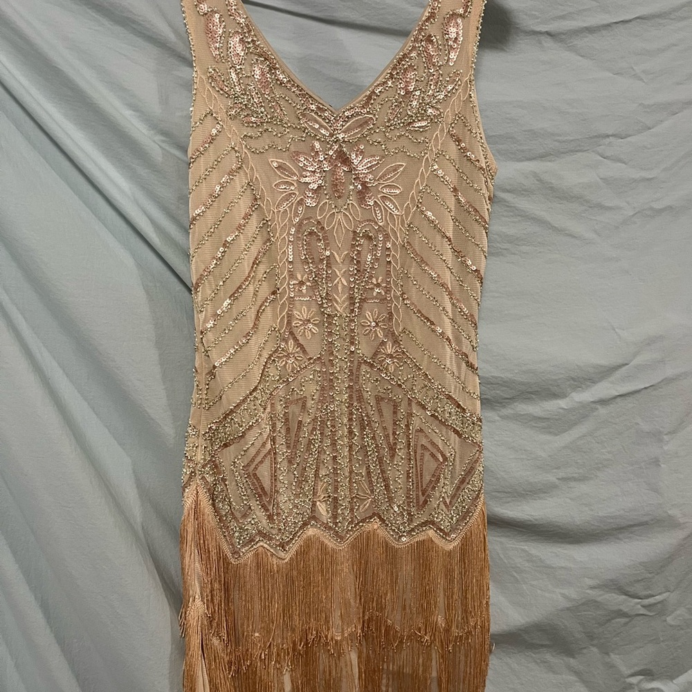 Elegant Beige Beaded Dress